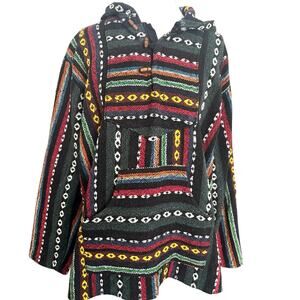 Poncho tapestry pullover hoodie pockets native authentic woven wood toggle sz L
